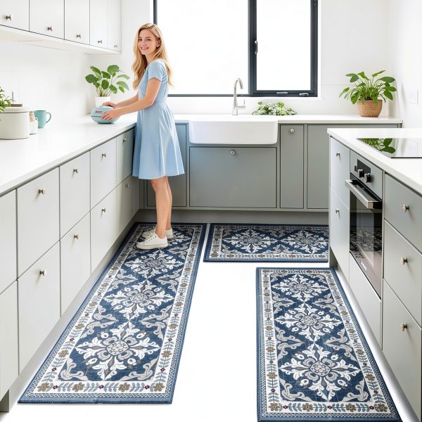 3-Piece Kitchen Rugs, Non-Slip & Washable Floor Mats, Water-Absorbent Area Pad, Standing Desk Mat for Office, Home, Doorway, Laundry, Kitchen Accessories (Grey)-5