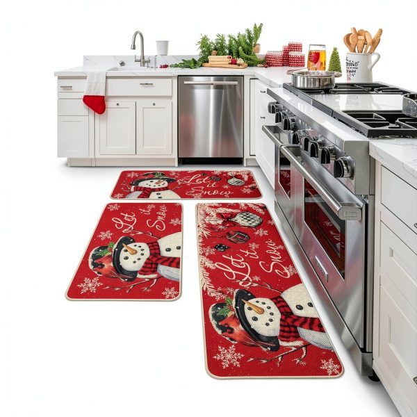 Artoid Mode Snowman Let It Snow Snowflake Christmas Kitchen Mats Set of 3, Winter Home Decor Low-Profile Kitchen Rugs for Floor - 17"x29"+17"x36"+17"x47"-3